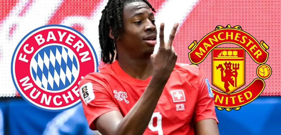 Player celebrating with FC Bayern Munich and Manchester United logos