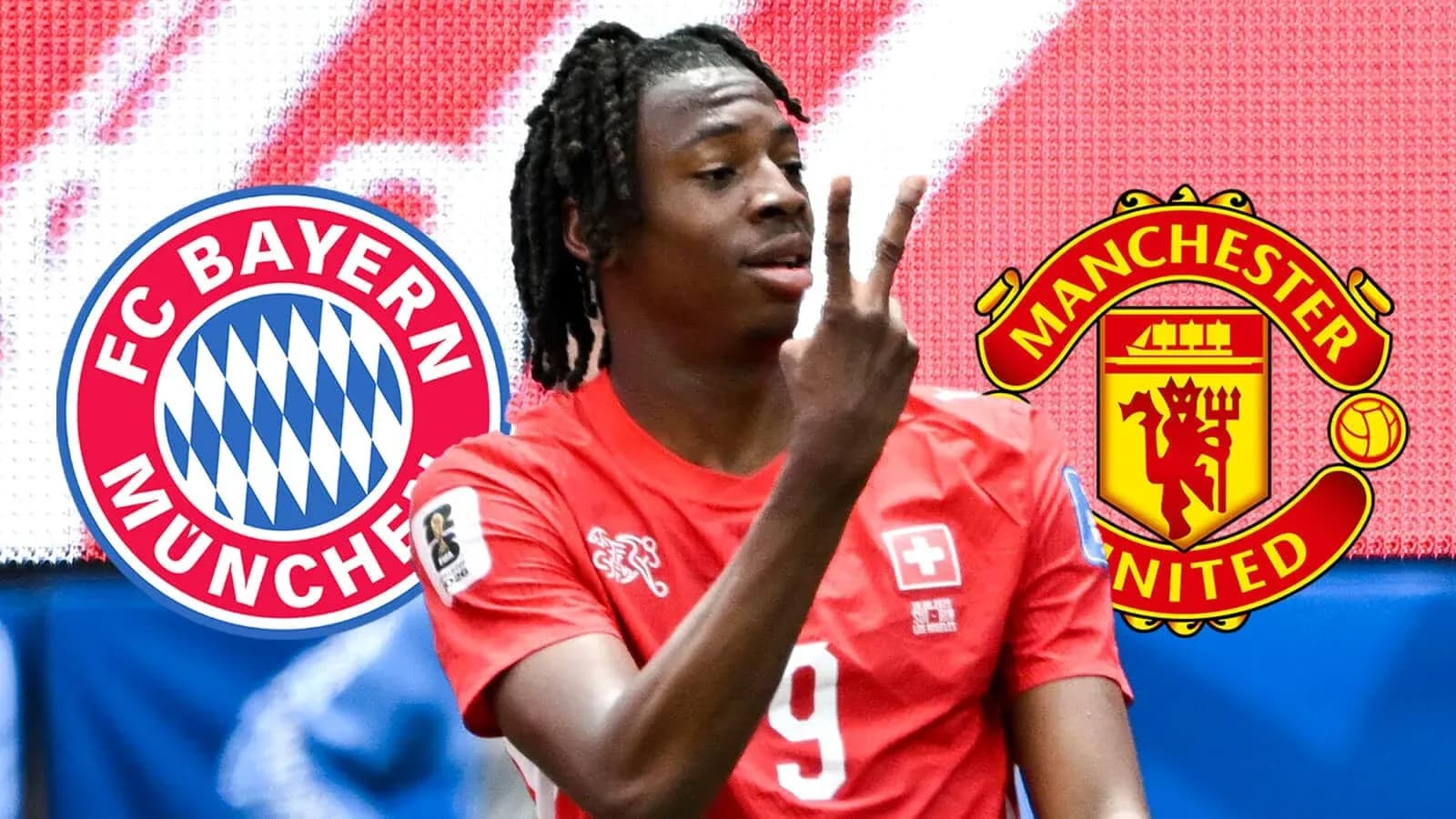 Player celebrating with FC Bayern Munich and Manchester United logos