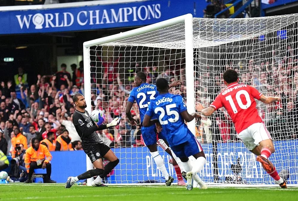 Goalkeeper saving shot during Chelsea vs Nottingham Forest