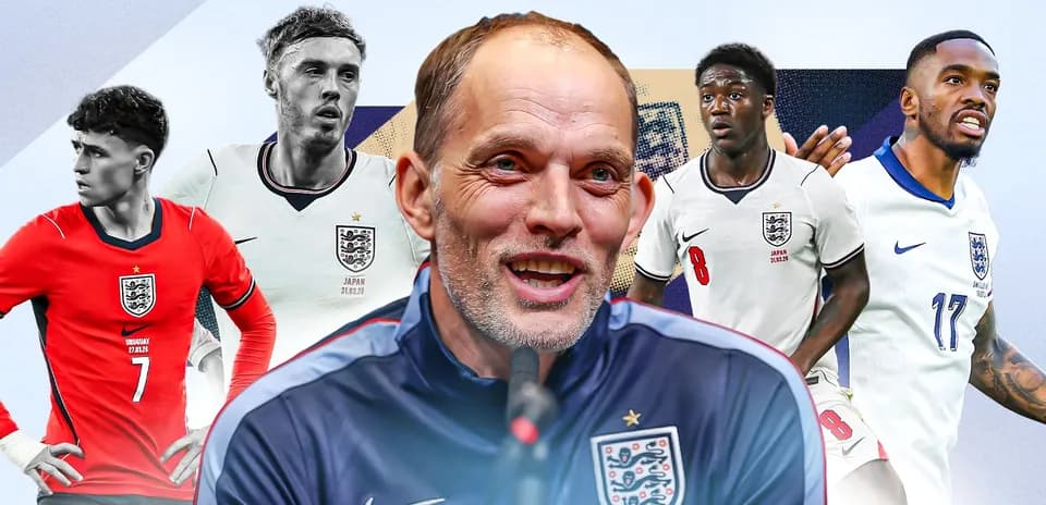 England players and coach during press conference backdrop