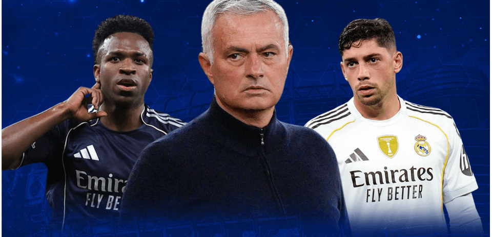 Three football players and coach on blue background