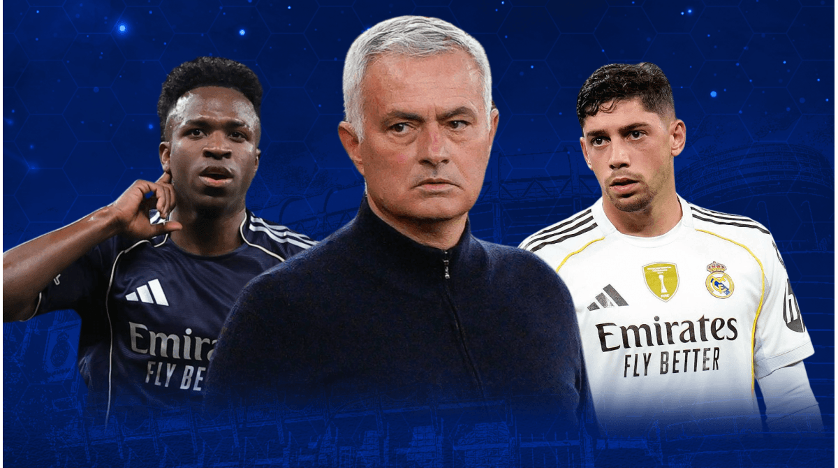 Three football players and coach on blue background