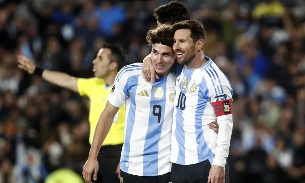 Two Argentina players celebrating during a match