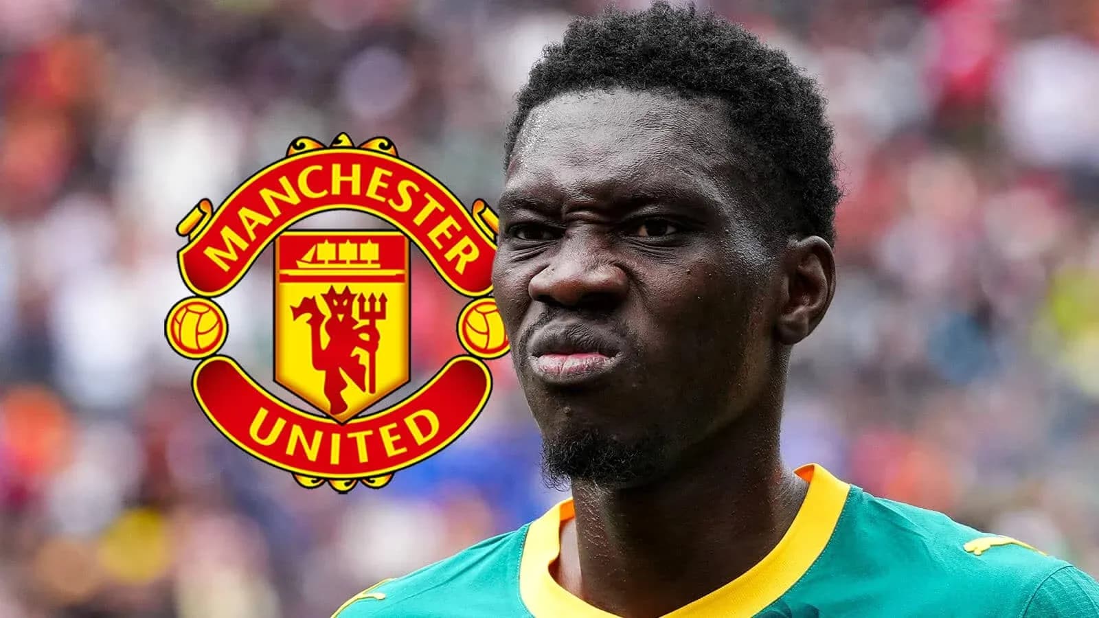 Player with Manchester United logo in background