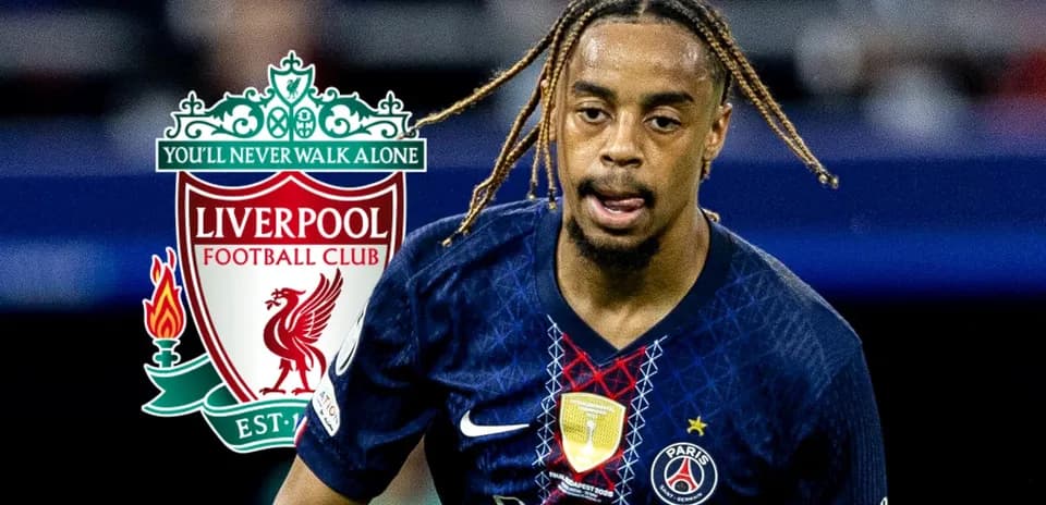 Player in PSG jersey with Liverpool logo overlay