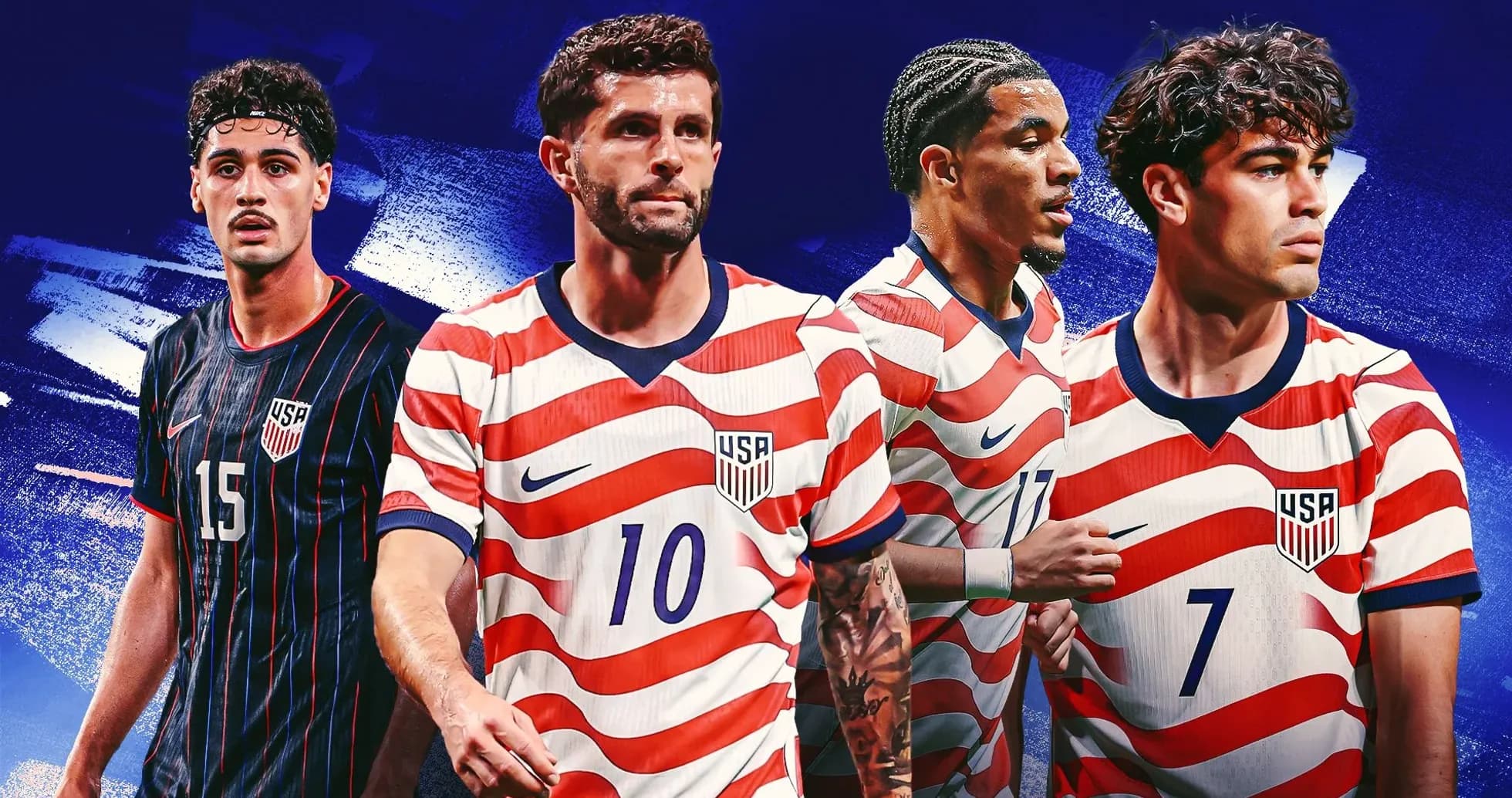 Four USA soccer players in team jerseys