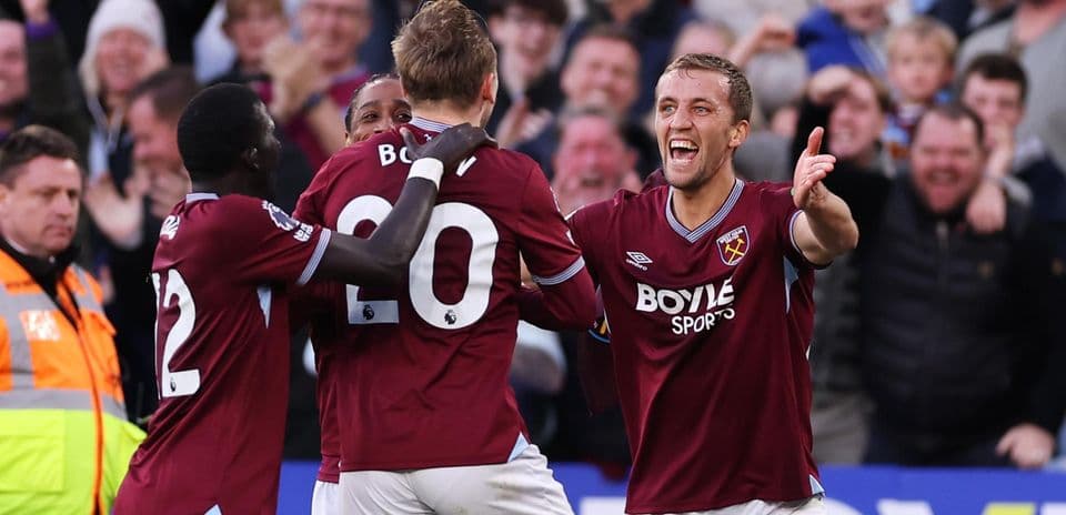 West Ham players celebrating a goal during match