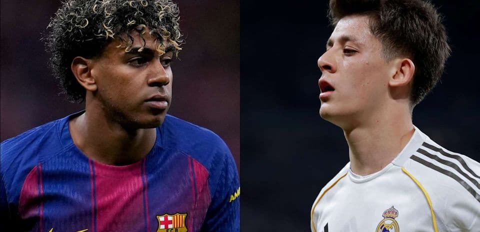 Two football players in team jerseys, one from Barcelona, one from Real Madrid