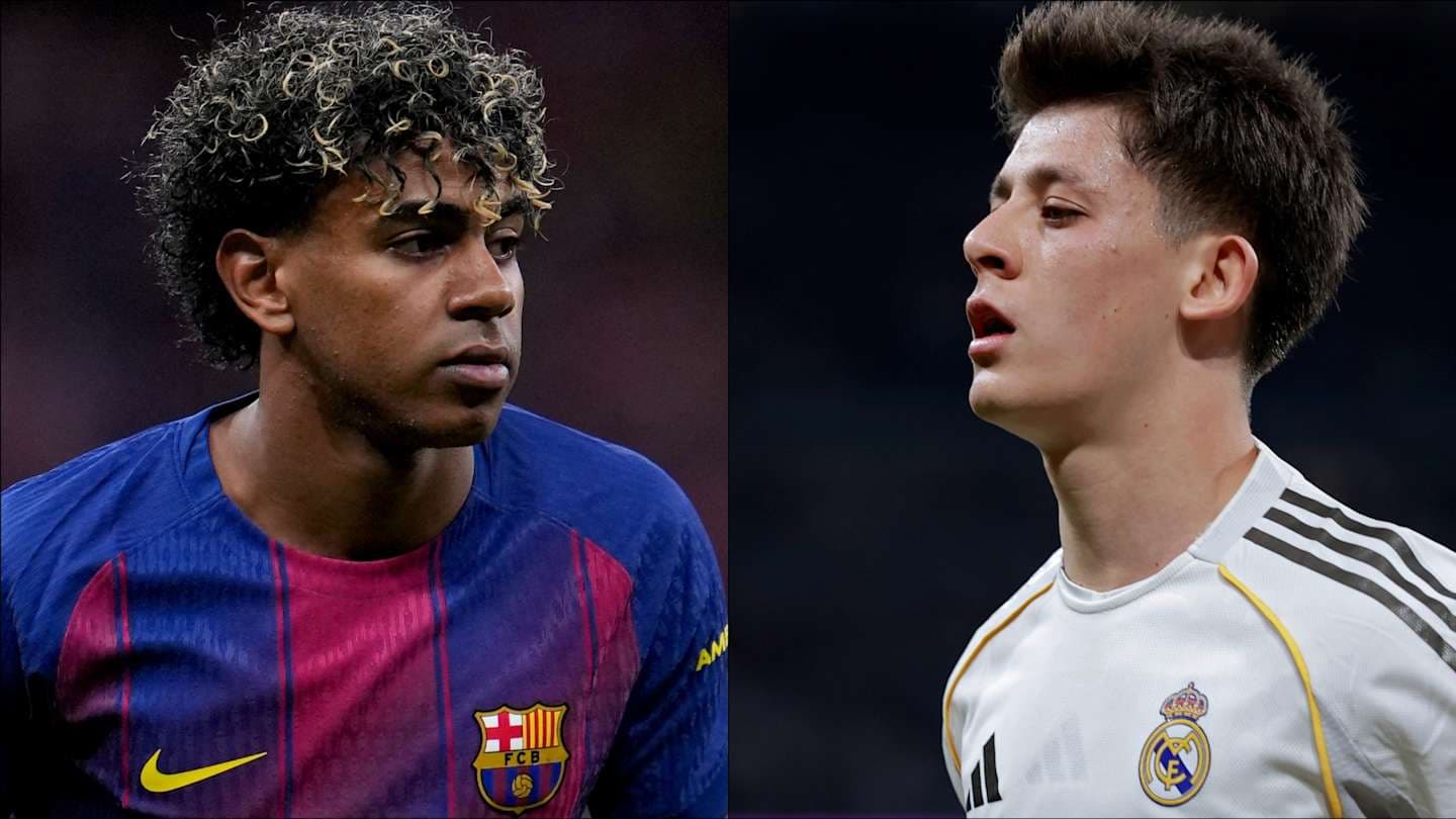Two football players in team jerseys, one from Barcelona, one from Real Madrid