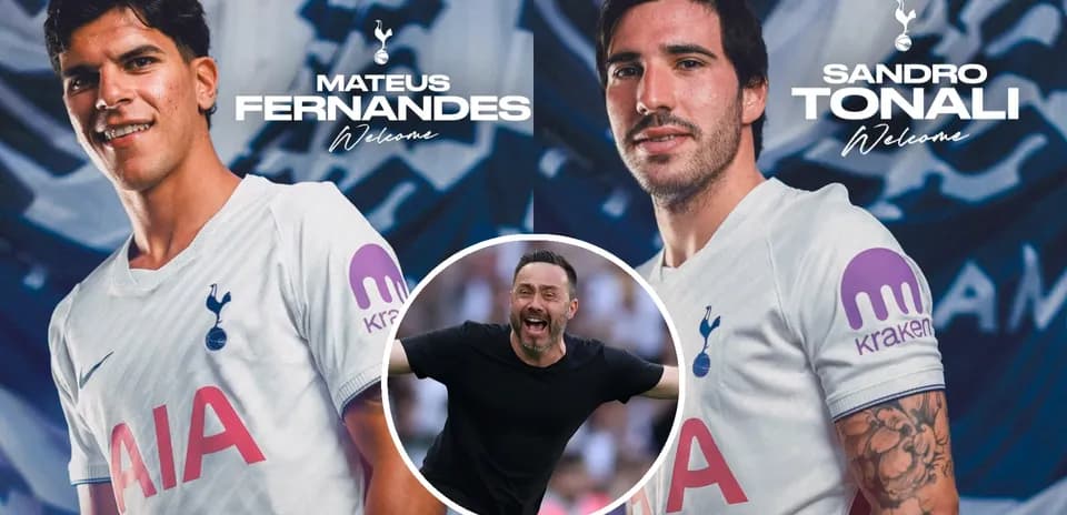 Mateus Fernandes and Sandro Tonali in Tottenham kits