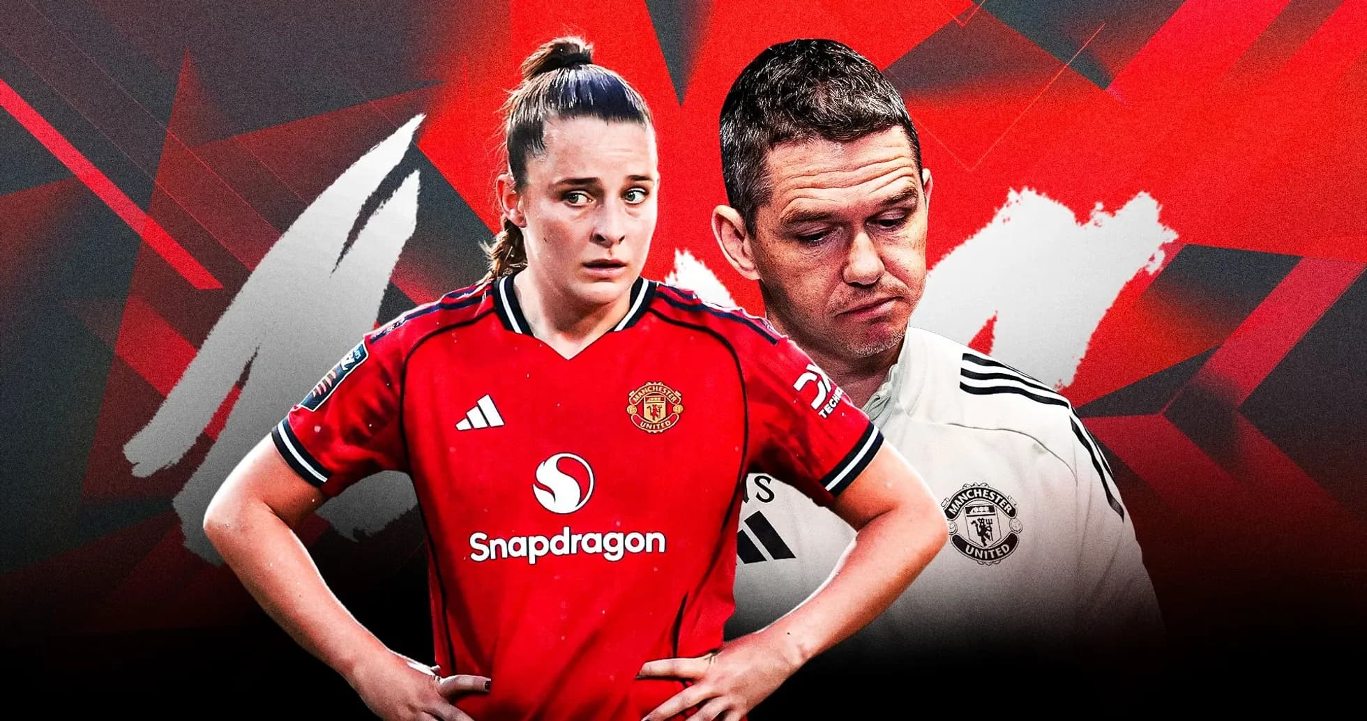 Manchester United player and coach with serious expressions