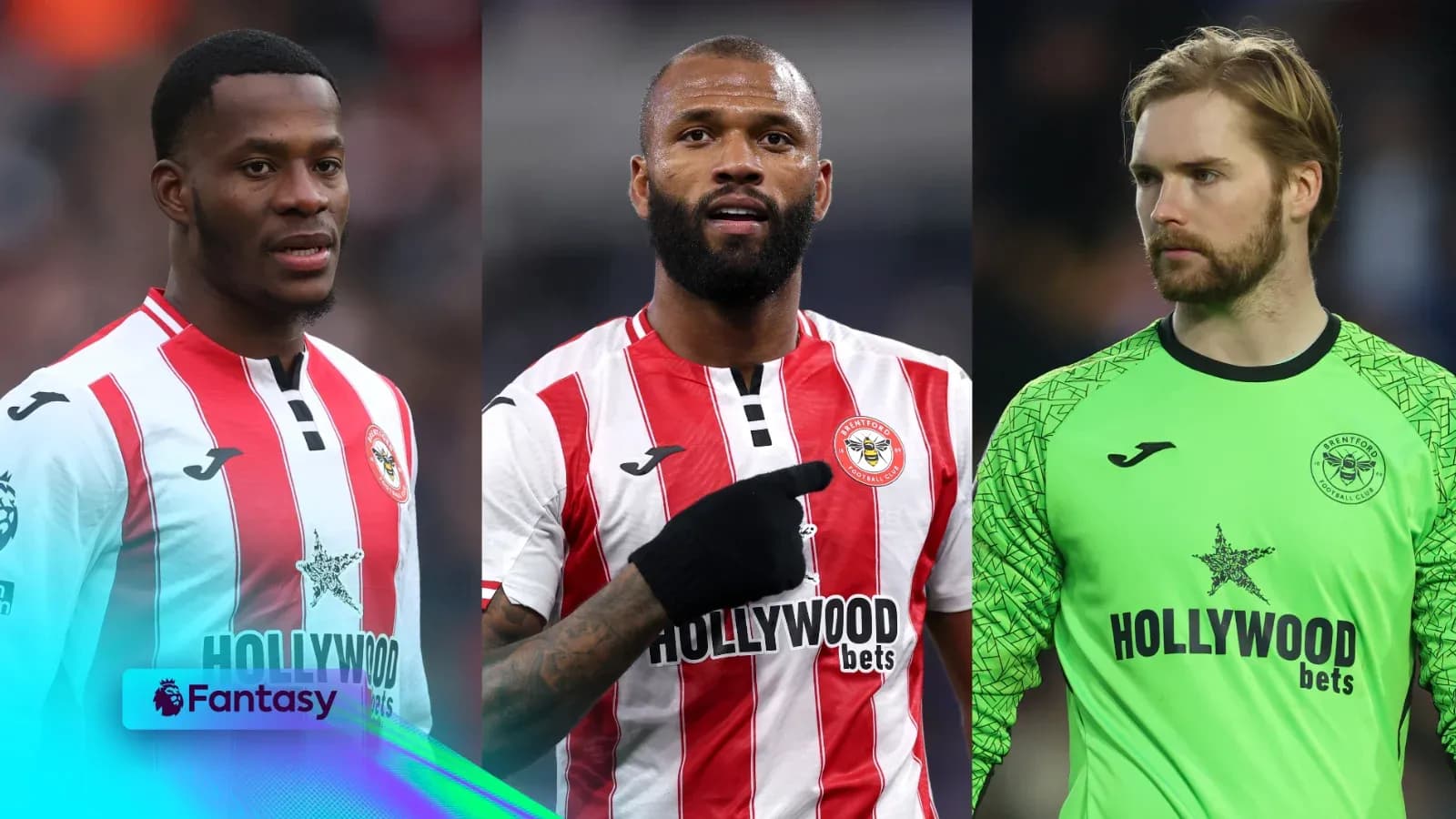 Three Brentford players in team kits posing together