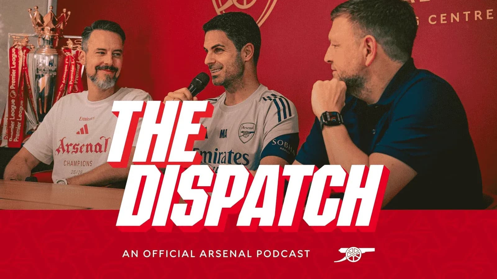 Three hosts discussing on Arsenal podcast set