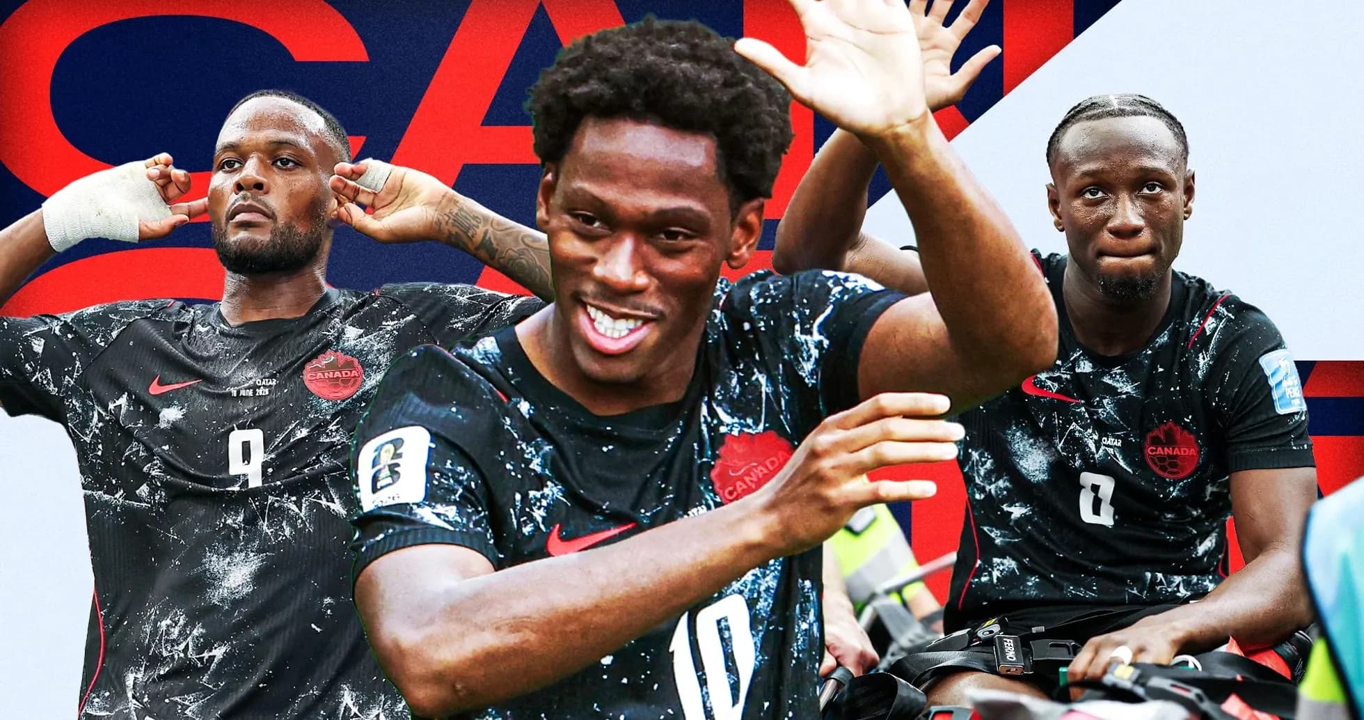 Three Canadian soccer players celebrating together