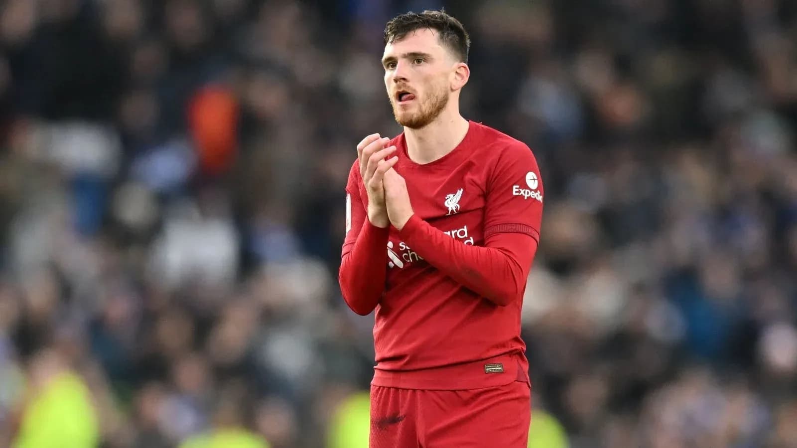 Player in red Liverpool kit clapping to fans