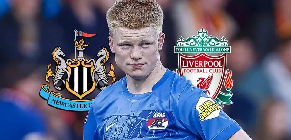 Player in blue jersey with club logos of Newcastle and Liverpool