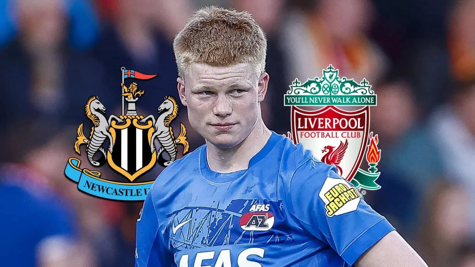 Player in blue jersey with club logos of Newcastle and Liverpool
