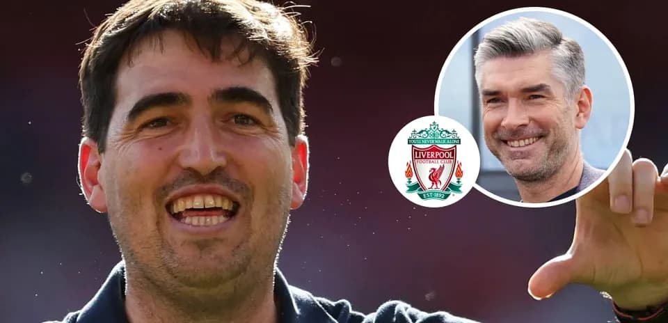 Coach celebrating with Liverpool badge in background