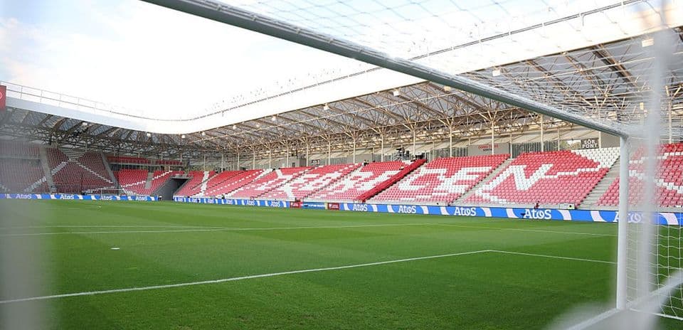 View of empty stadium with goalpost and field