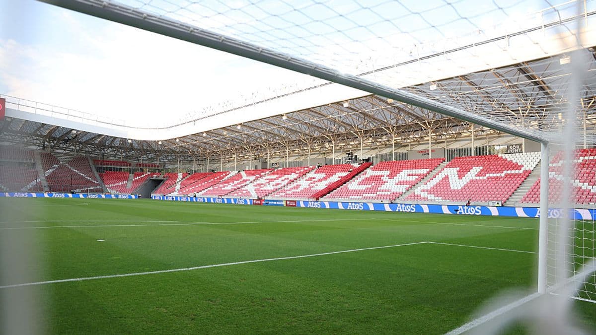 View of empty stadium with goalpost and field