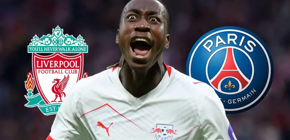 Player celebrating with team logos of Liverpool and PSG
