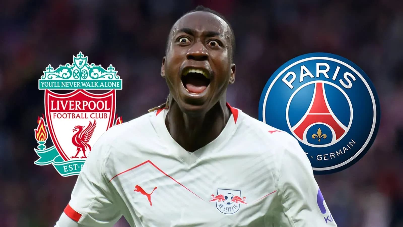 Player celebrating with team logos of Liverpool and PSG