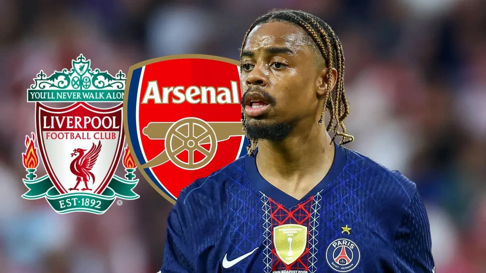 Player with PSG kit and Liverpool, Arsenal logos