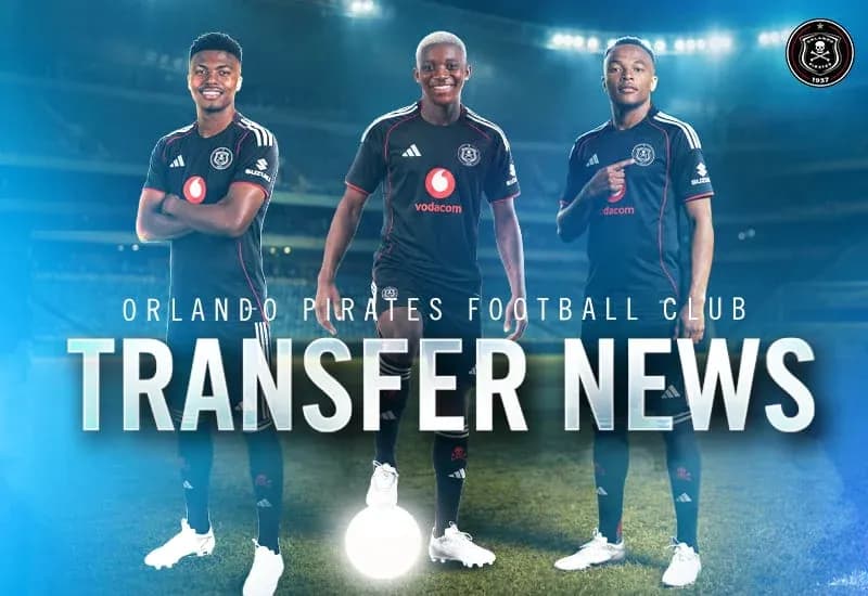 Three Orlando Pirates players posing in black kits