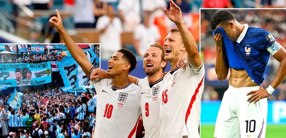 England players celebrating with fans and French player disappointed