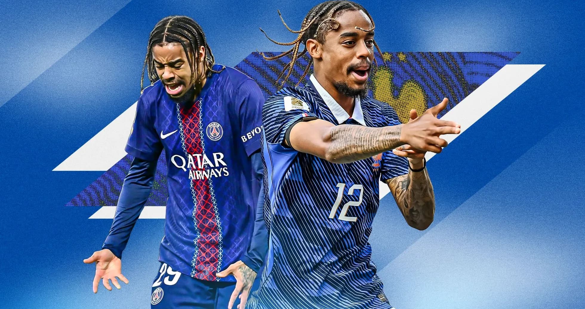 Two players in soccer kits against a blue background