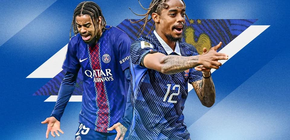 Two players in soccer kits against a blue background