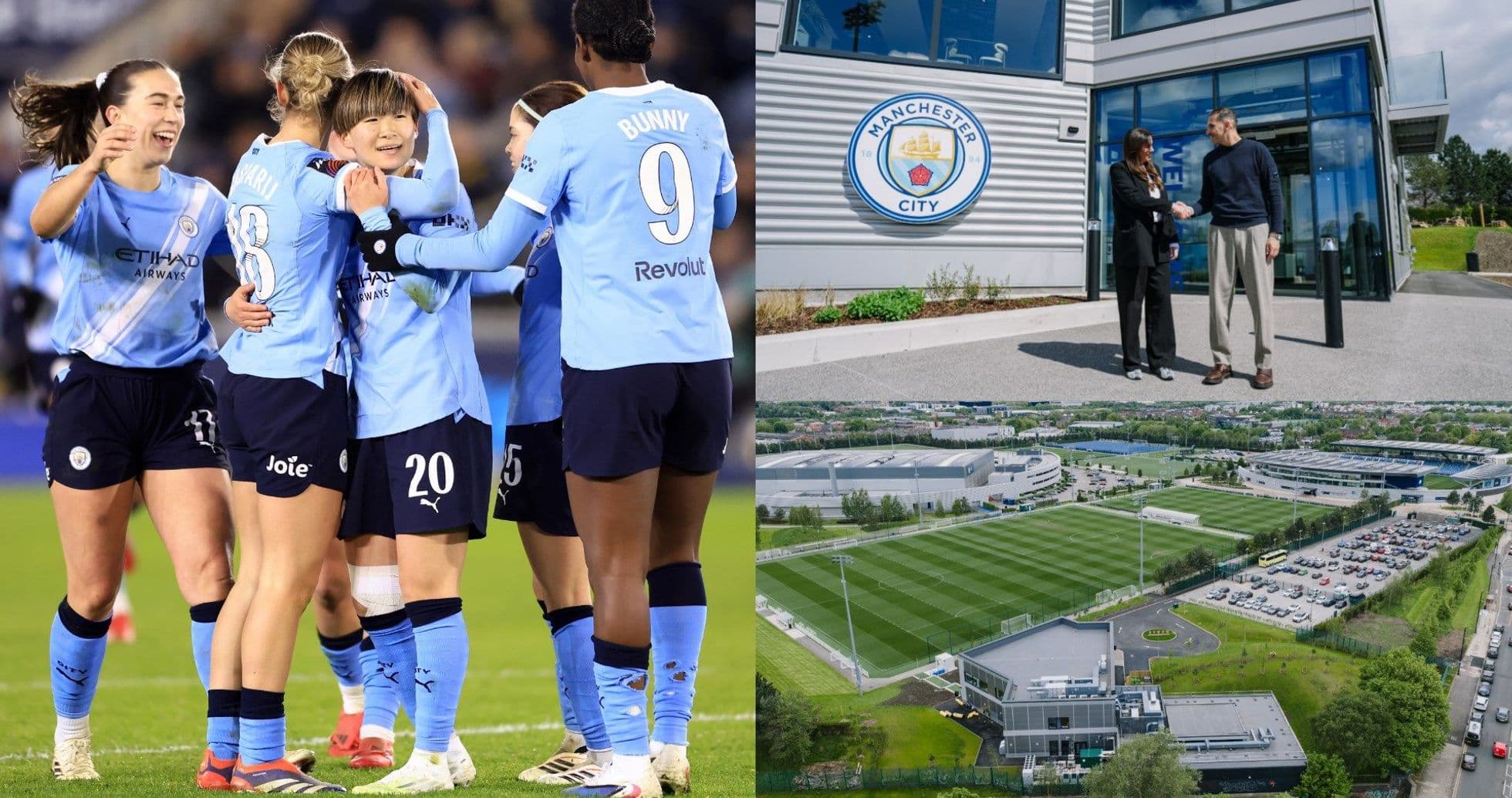 Manchester City women celebrating a goal and club facilities