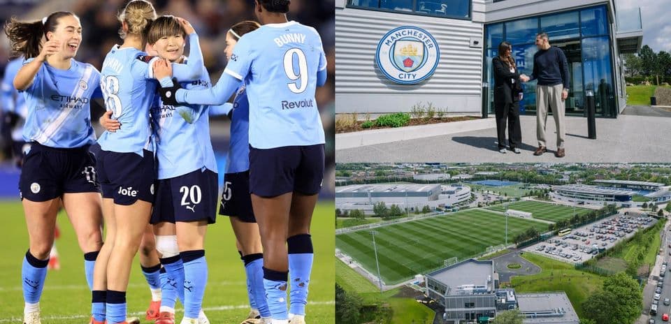 Manchester City women celebrating a goal and club facilities
