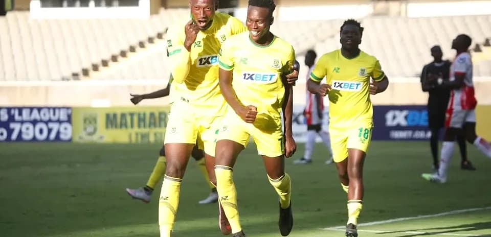 Players celebrating a goal for Mathare United
