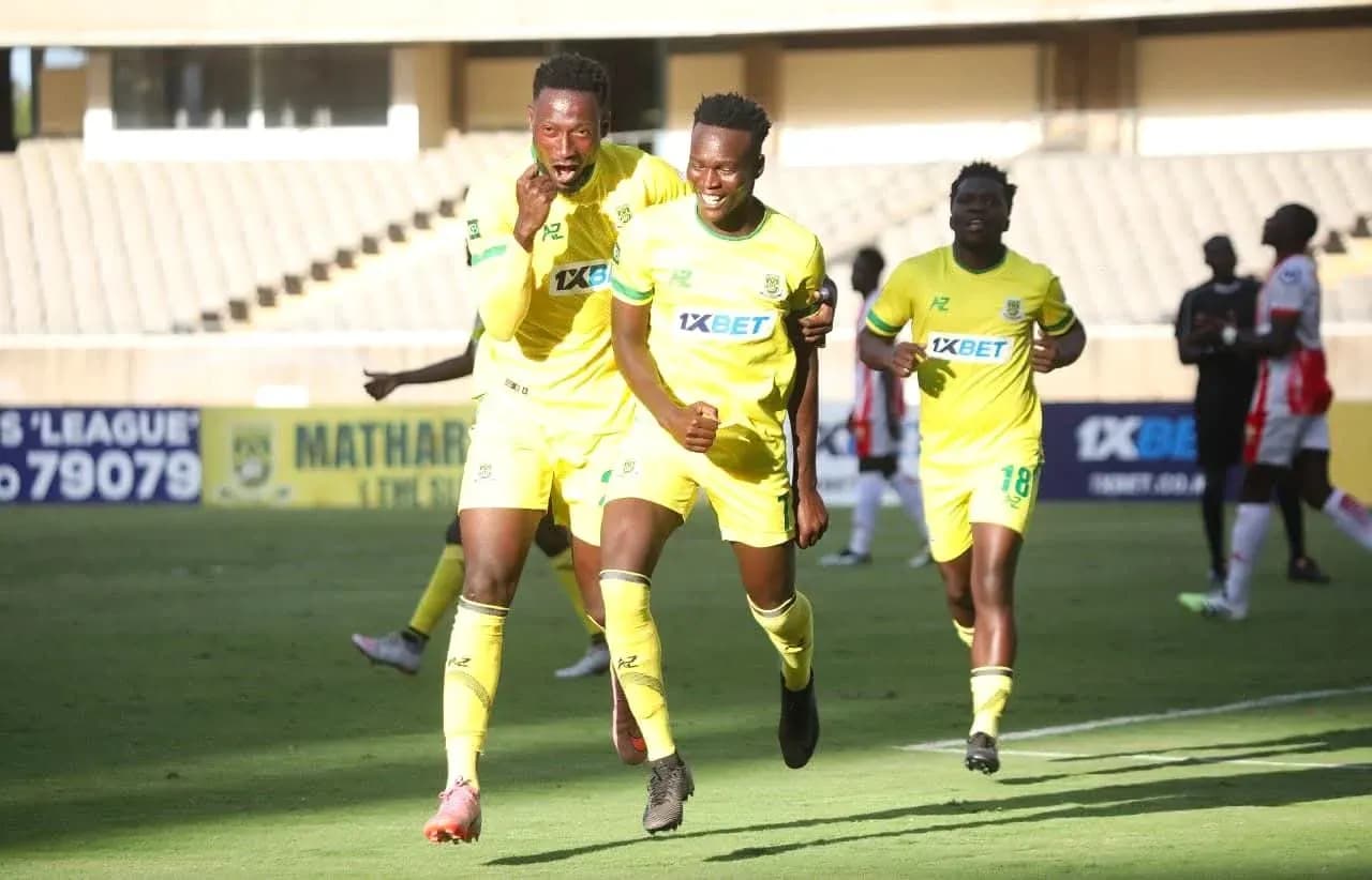 Players celebrating a goal for Mathare United