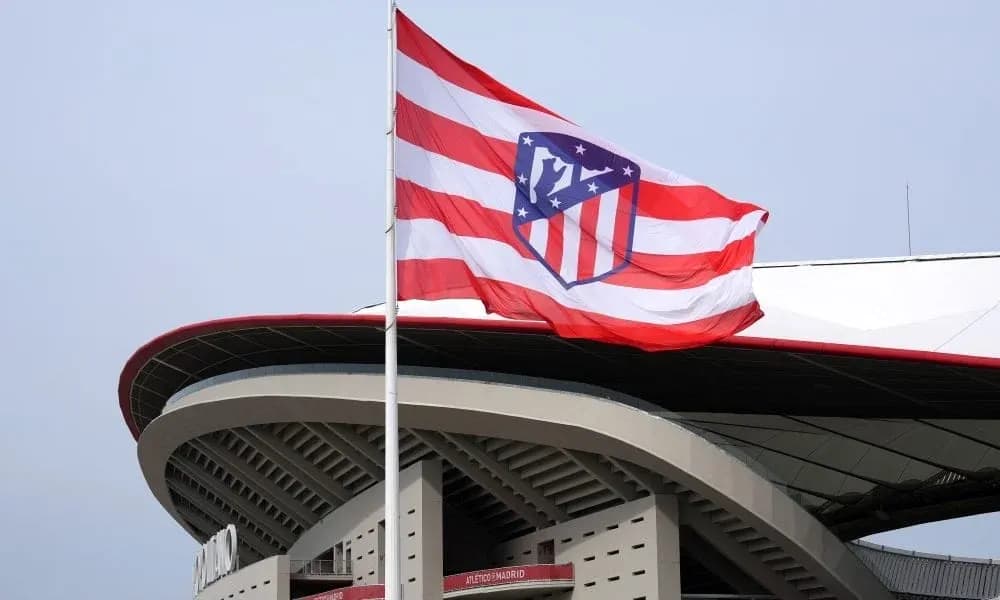 Atletico Madrid flag flying outside stadium Atletico Madrid flag flying outside stadium
