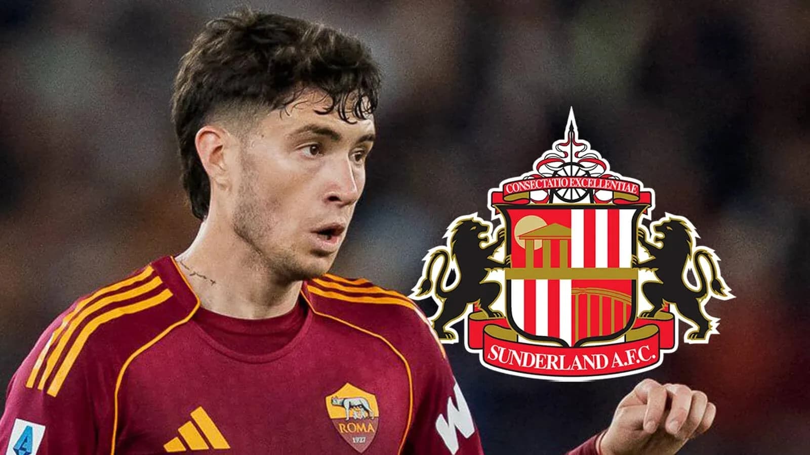 Player in AS Roma jersey with Sunderland AFC logo Player in AS Roma jersey with Sunderland AFC logo