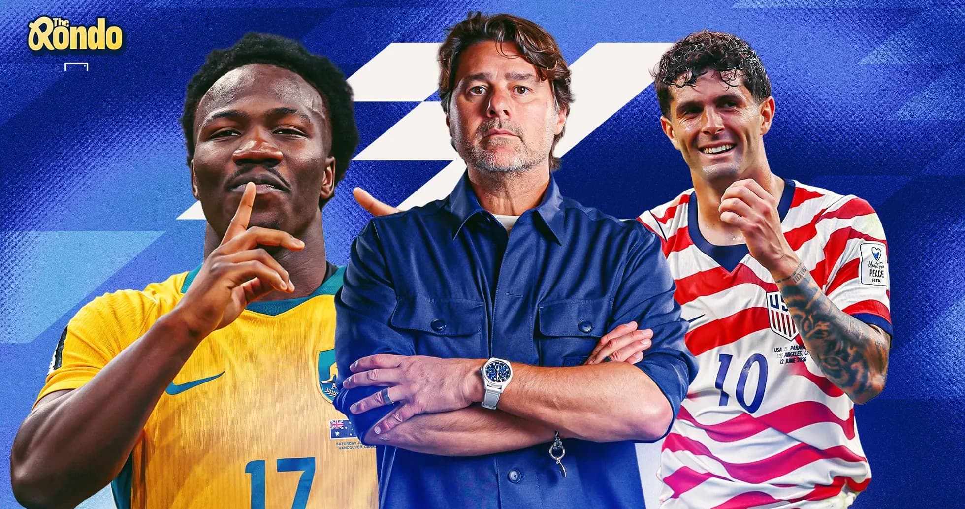 Three soccer players and a coach in team jerseys Three soccer players and a coach in team jerseys