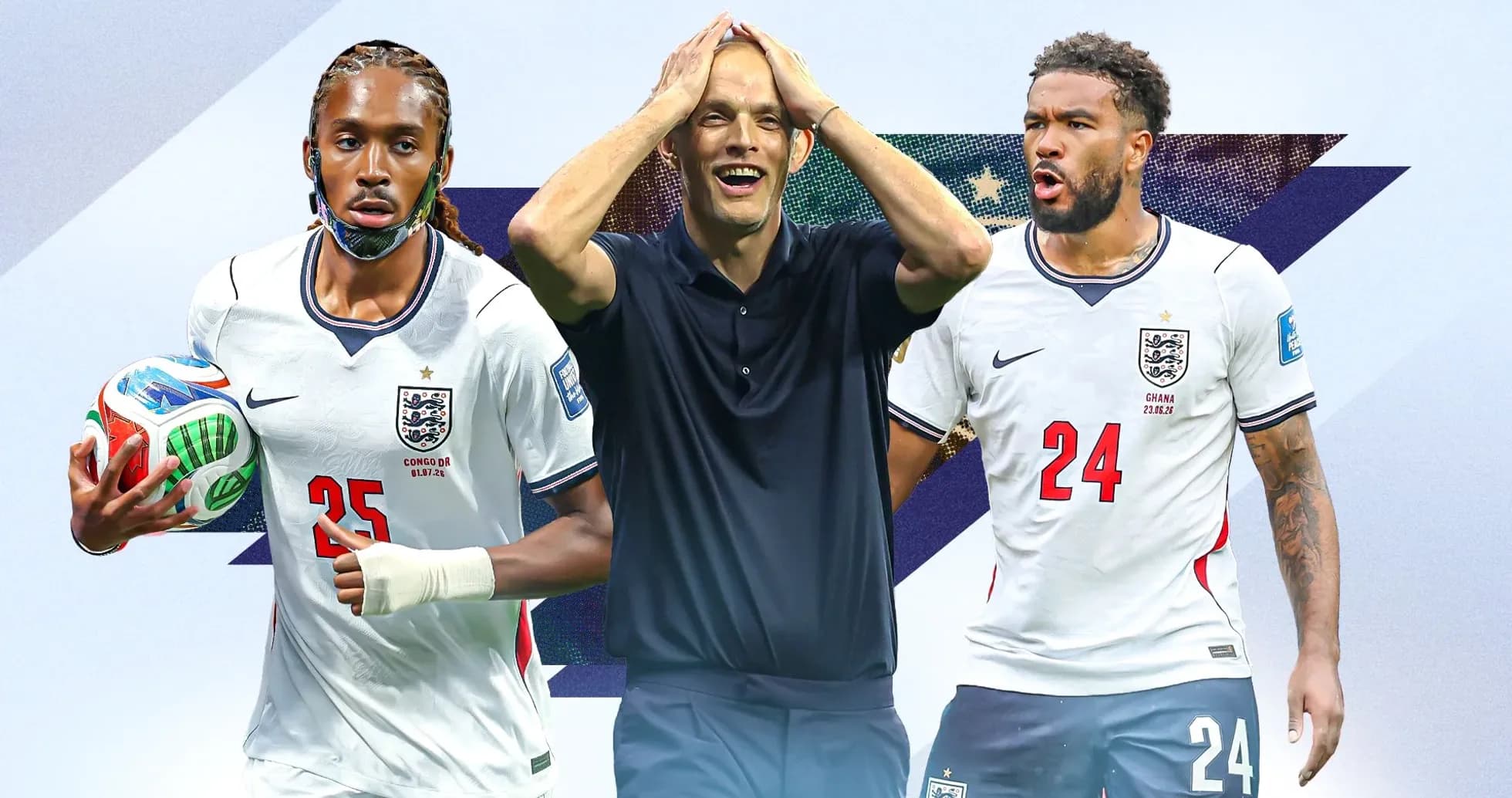 Three football players in England kits with ball Three football players in England kits with ball