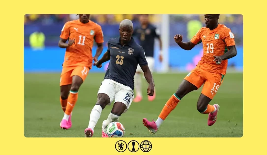 Ecuador player dribbling past two Ivory Coast defenders Ecuador player dribbling past two Ivory Coast defenders