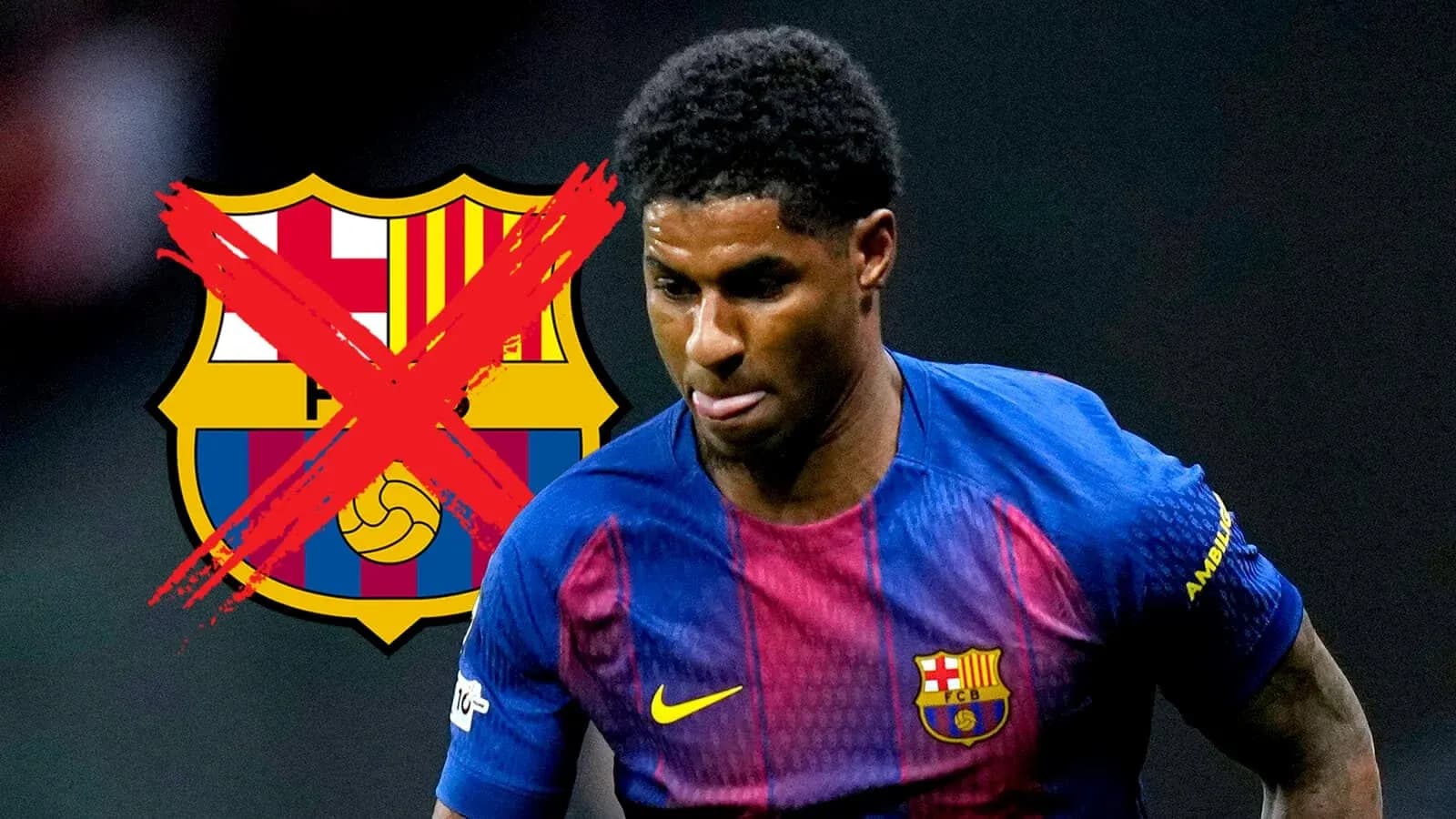 Player in Barcelona kit with logo crossed out Player in Barcelona kit with logo crossed out