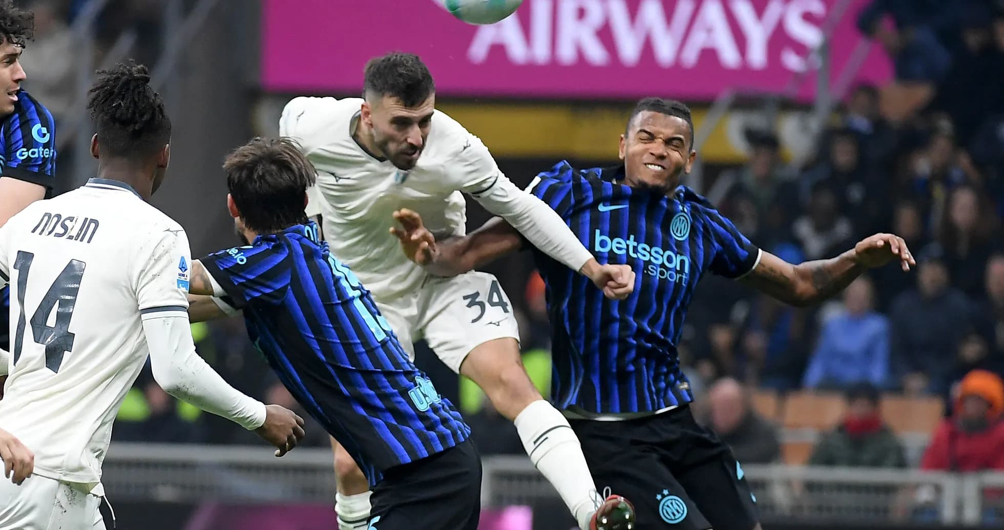 Players contesting a header during Lazio vs Inter Players contesting a header during Lazio vs Inter