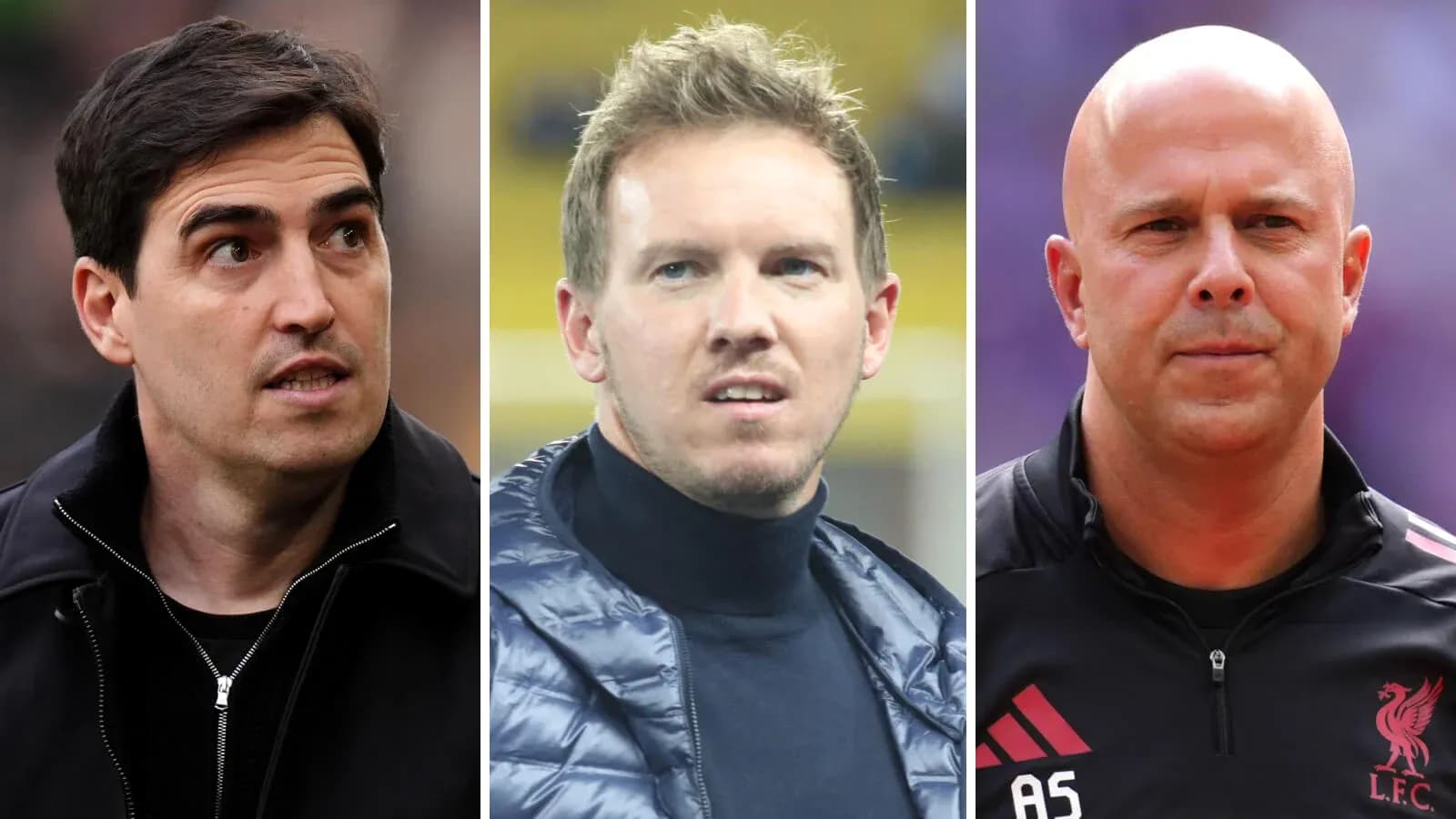 Three football managers in different jackets Three football managers in different jackets