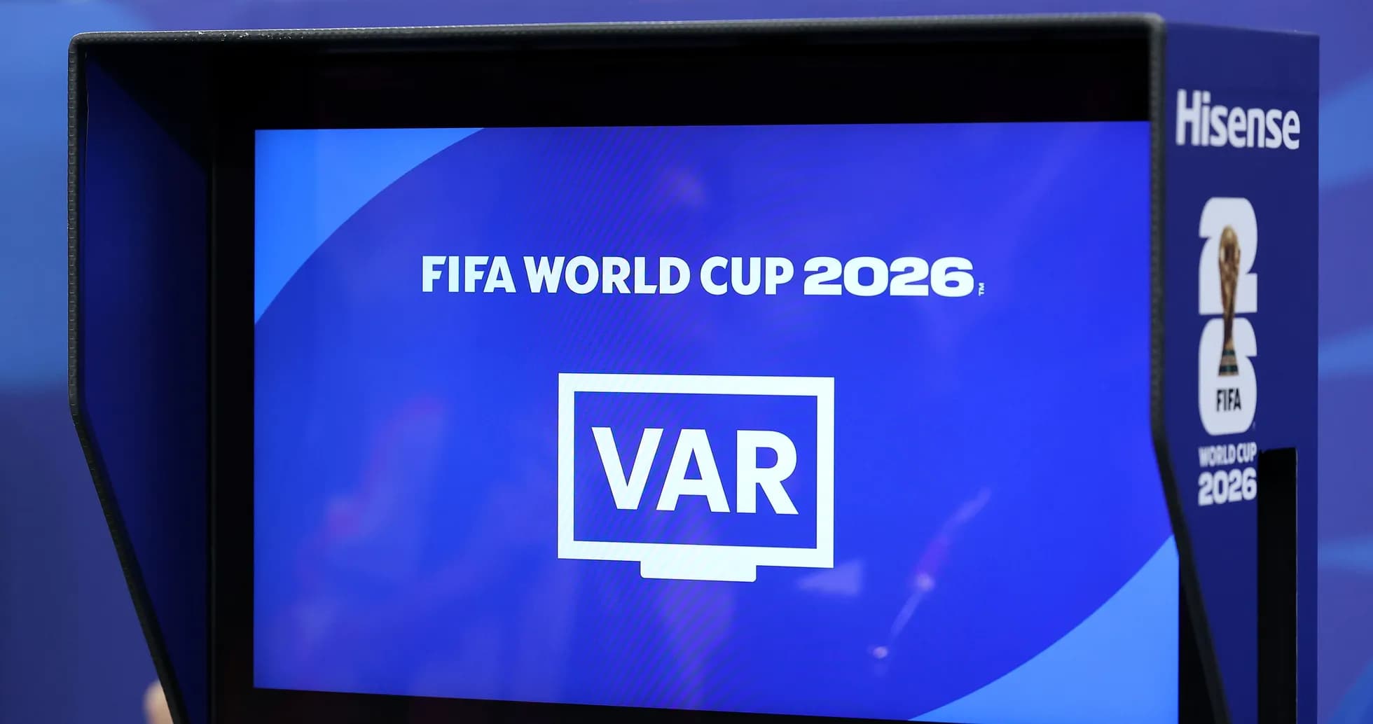 VAR monitor displaying FIFA World Cup 2026 logo VAR monitor displaying FIFA World Cup 2026 logo