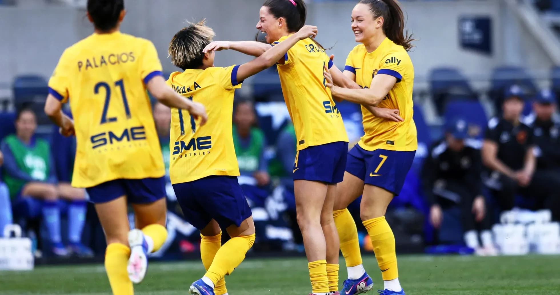 Players celebrating during NWSL match Players celebrating during NWSL match