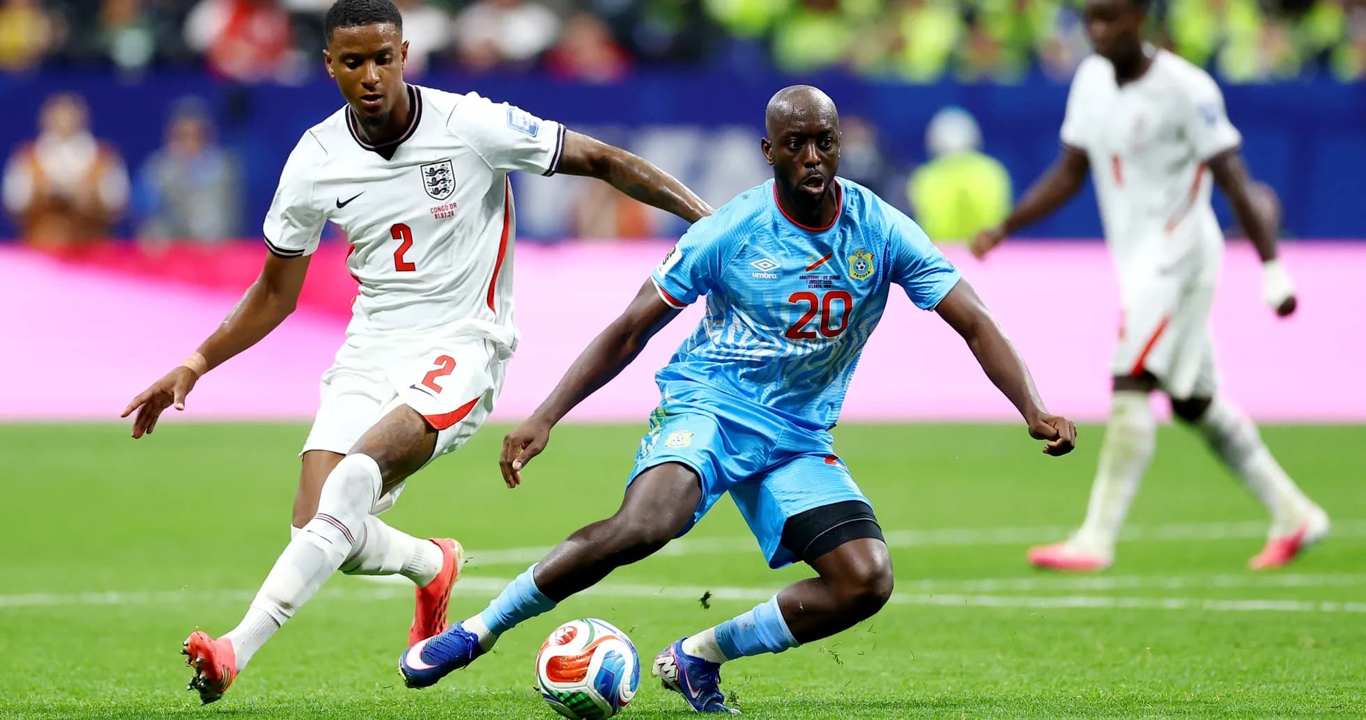 England and Congo DR players competing for the ball England and Congo DR players competing for the ball