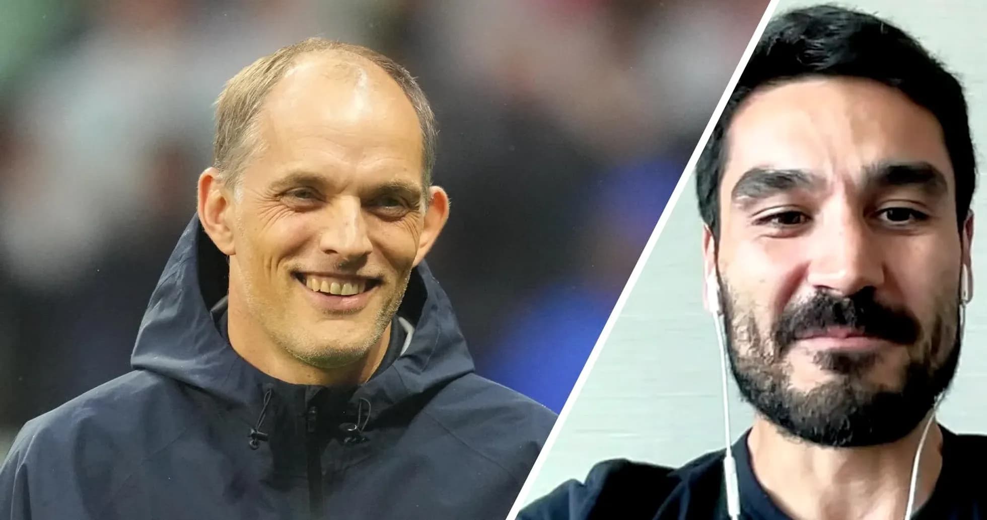 Two football figures smiling in split-screen image Two football figures smiling in split-screen image