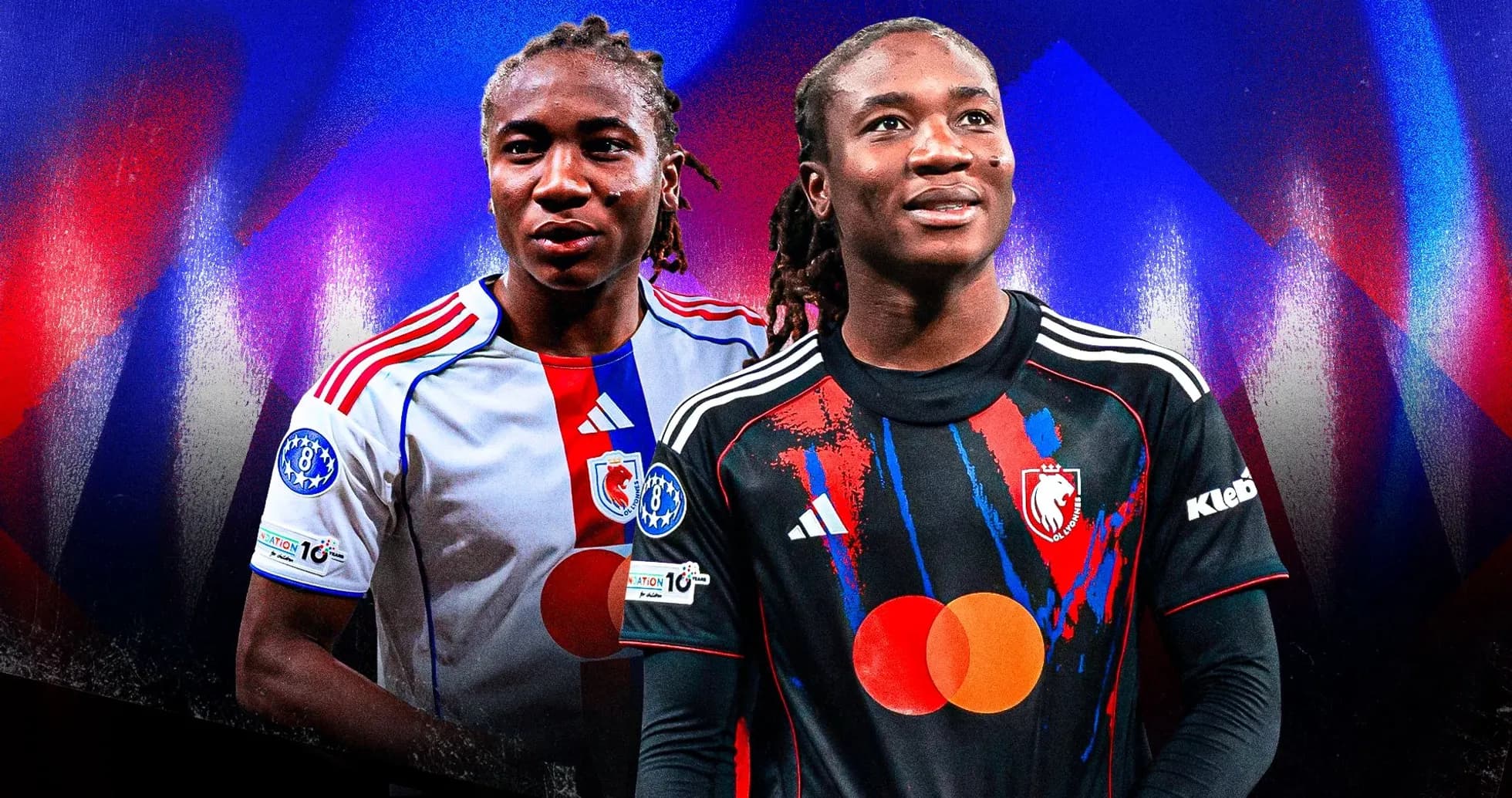 Two players in team jerseys on colorful background Two players in team jerseys on colorful background