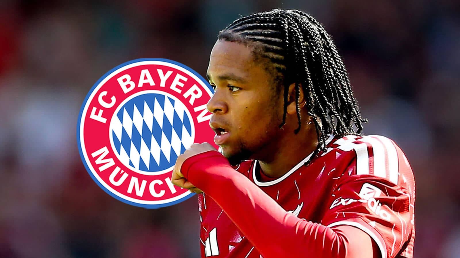 Player celebrating with FC Bayern München logo in background Player celebrating with FC Bayern München logo in background