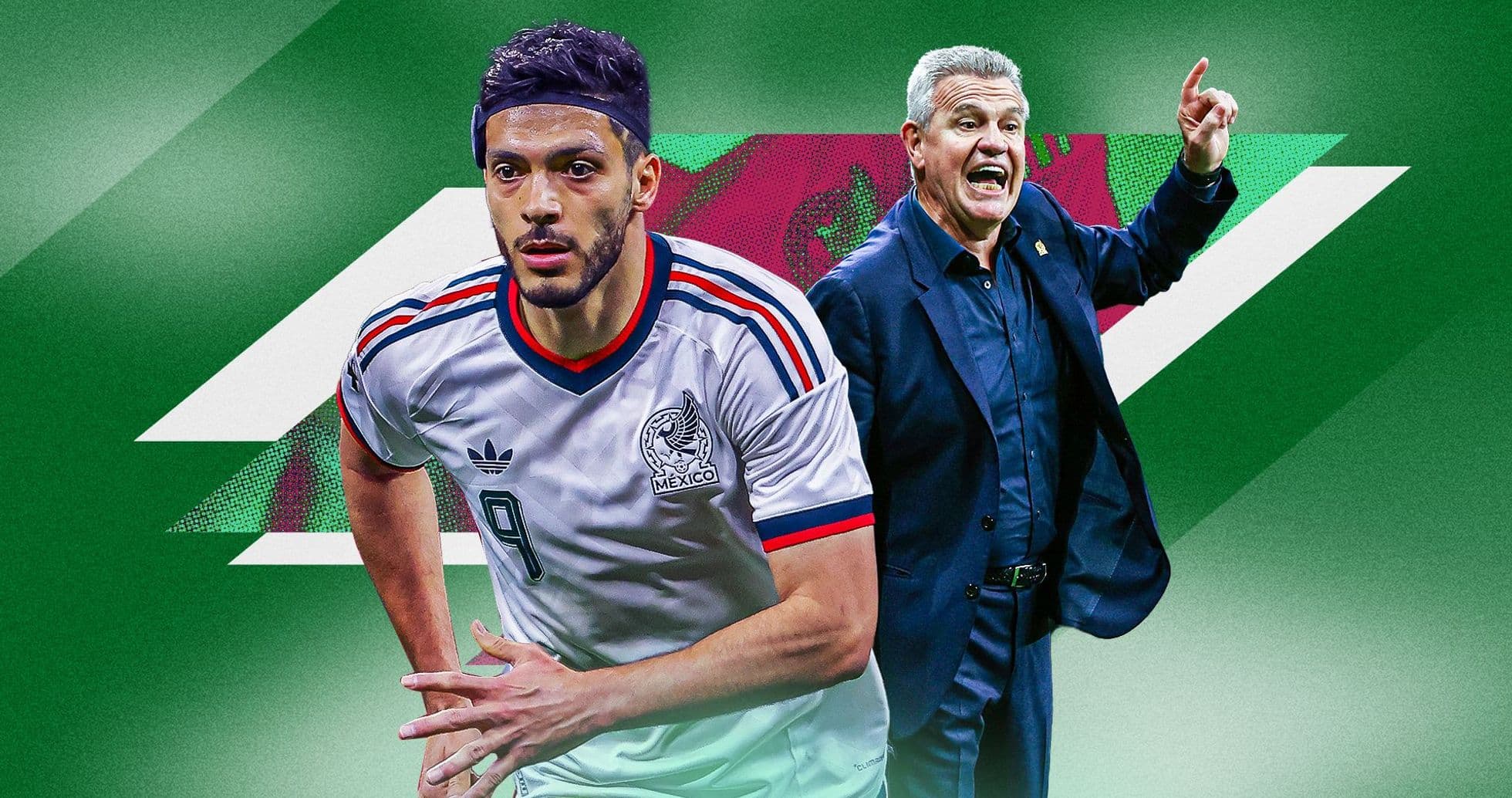 Raúl Jiménez in Mexico jersey with coach directing Raúl Jiménez in Mexico jersey with coach directing